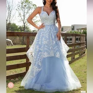 Ellie Wilde Savvi Blue Floral Embroidered Beaded Gown Size 6